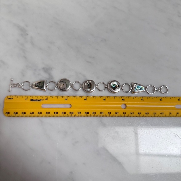 925 Sterling Silver Round & Trapezoid Shape Abalone Chain Link Toggle Bracelet - Picture 9 of 13